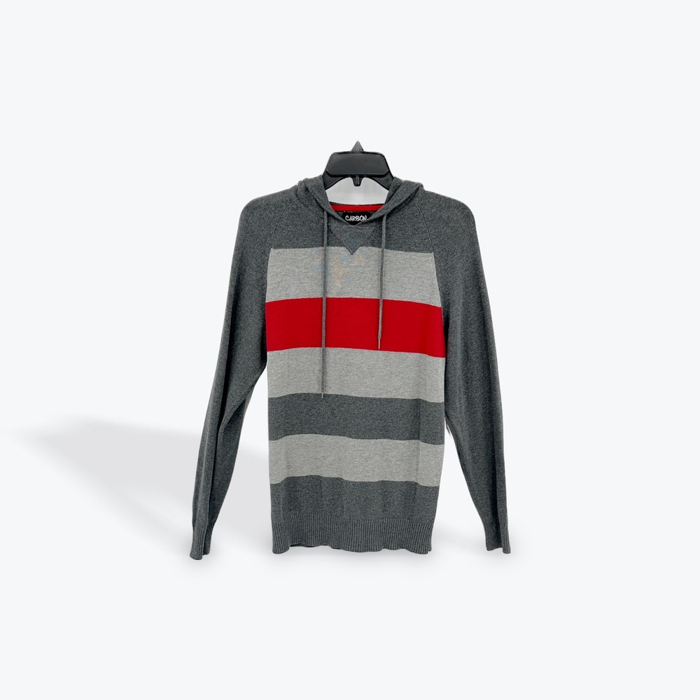 Carbon Men's Medium Knit‎ Hoodie Pullover Gray Red Stripe Casual Sweater